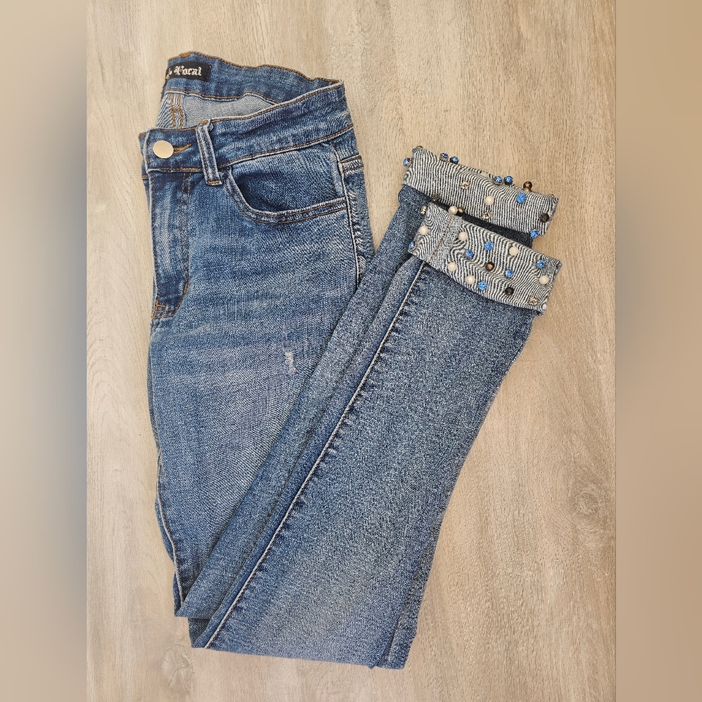 Vocal Size Medium Blue Cropped Jeans with Embellished Cuffs